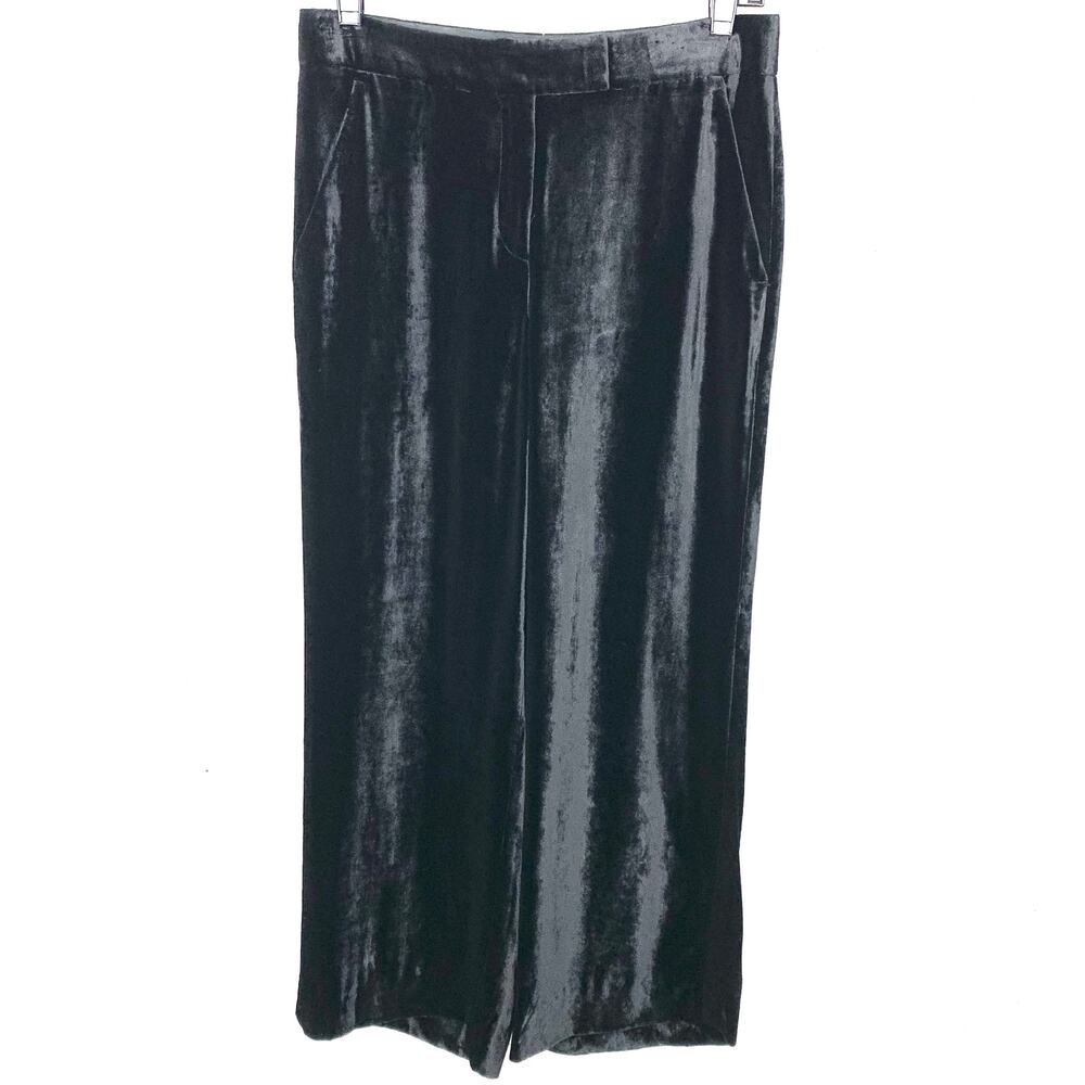A.L.C. Velvet Wide Leg Pants Silk Blend Flat Front Tab Closure Black Size 2